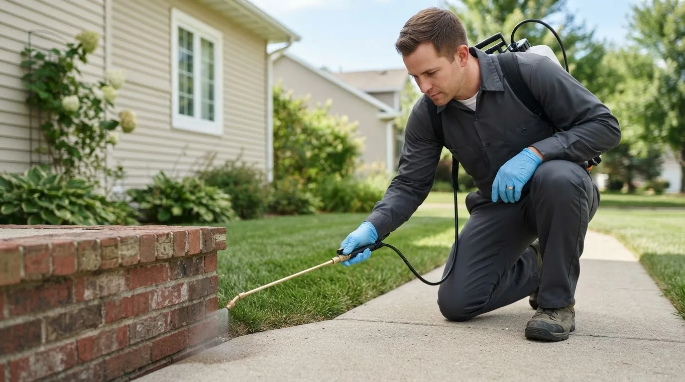 Pest control technician treating a home near East Springfield, OH