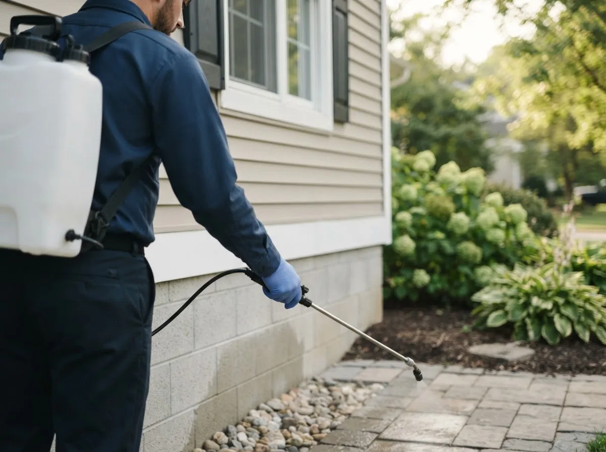 Pest control technician inspecting a home in East Springfield, OH